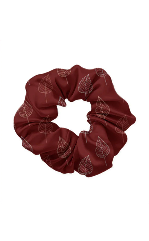 Scrunchie-maroon-red-leaf-pattern