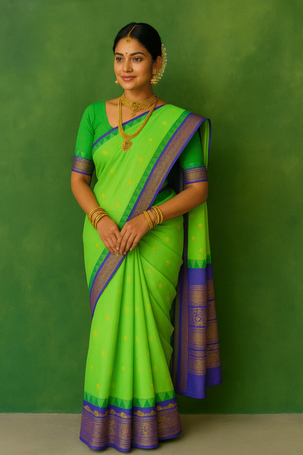 Semi Gadwal - Parrot Green Violet Border